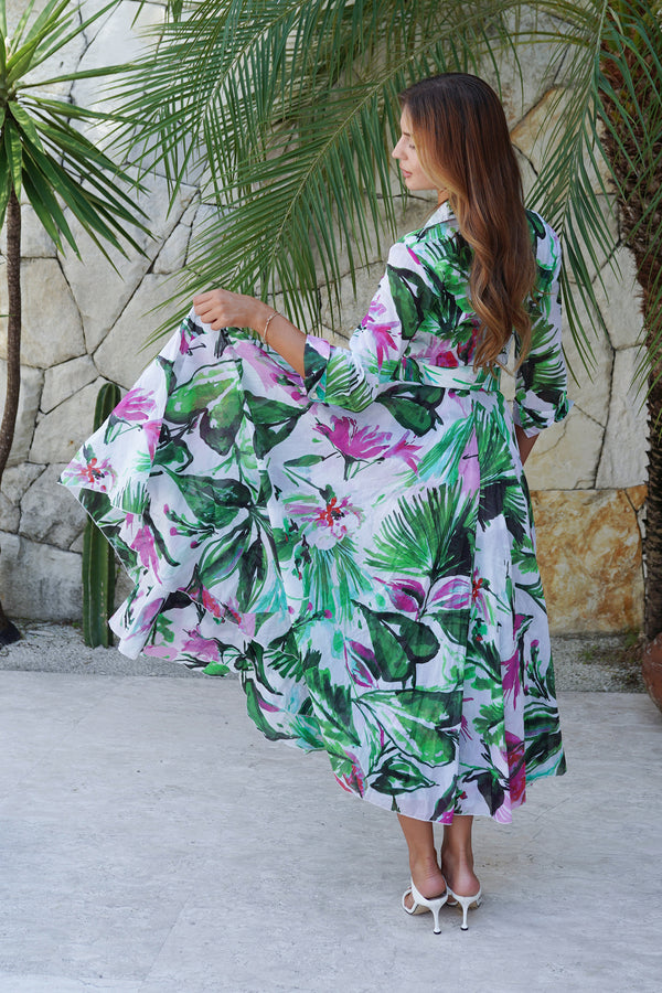 Aster Dress Shirt Collar 3/4 Sleeve Midi Length Cotton Musola (Mozambique Flower White)