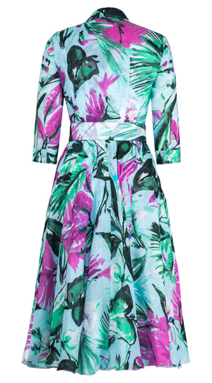 Aster Dress Shirt Collar 3/4 Sleeve Midi Length Ramie (Mozambique Flower Pastel)