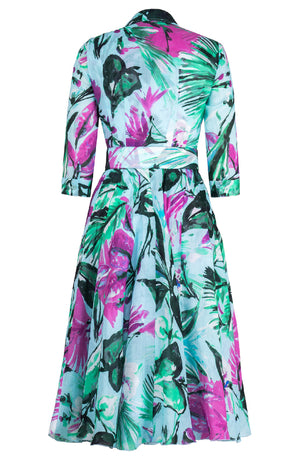 Aster Dress Shirt Collar 3/4 Sleeve Midi Length Cotton Musola (Mozambique Flower Pastel)