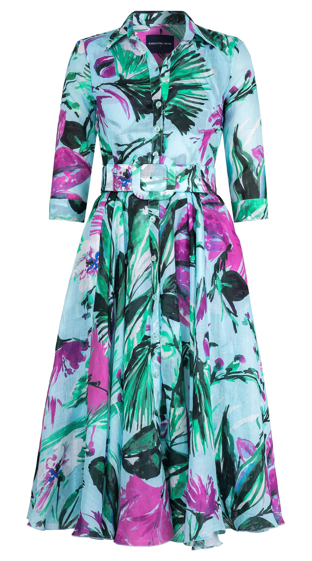 Aster Dress Shirt Collar 3/4 Sleeve Midi Length Ramie (Mozambique Flower Pastel)