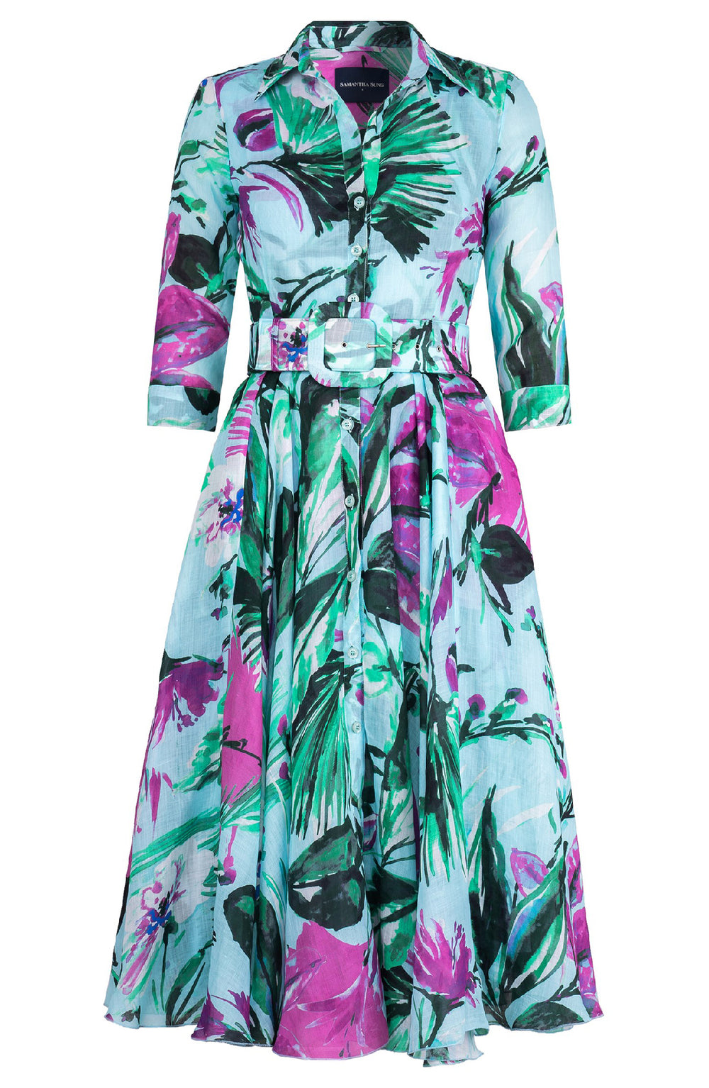 Aster Dress Shirt Collar 3/4 Sleeve Midi Length Cotton Musola (Mozambique Flower Pastel)
