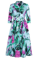 Aster Dress Shirt Collar 3/4 Sleeve Midi Length Cotton Musola (Mozambique Flower Pastel)
