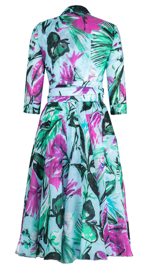 Aster Dress Shirt Collar 3/4 Sleeve Midi Length Ramie (Mozambique Flower Pastel)