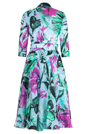Aster Dress Shirt Collar 3/4 Sleeve Midi Length Cotton Musola (Mozambique Flower Pastel)