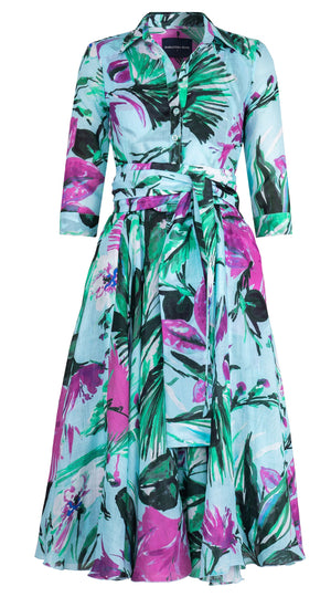 Aster Dress Shirt Collar 3/4 Sleeve Midi Length Ramie (Mozambique Flower Pastel)