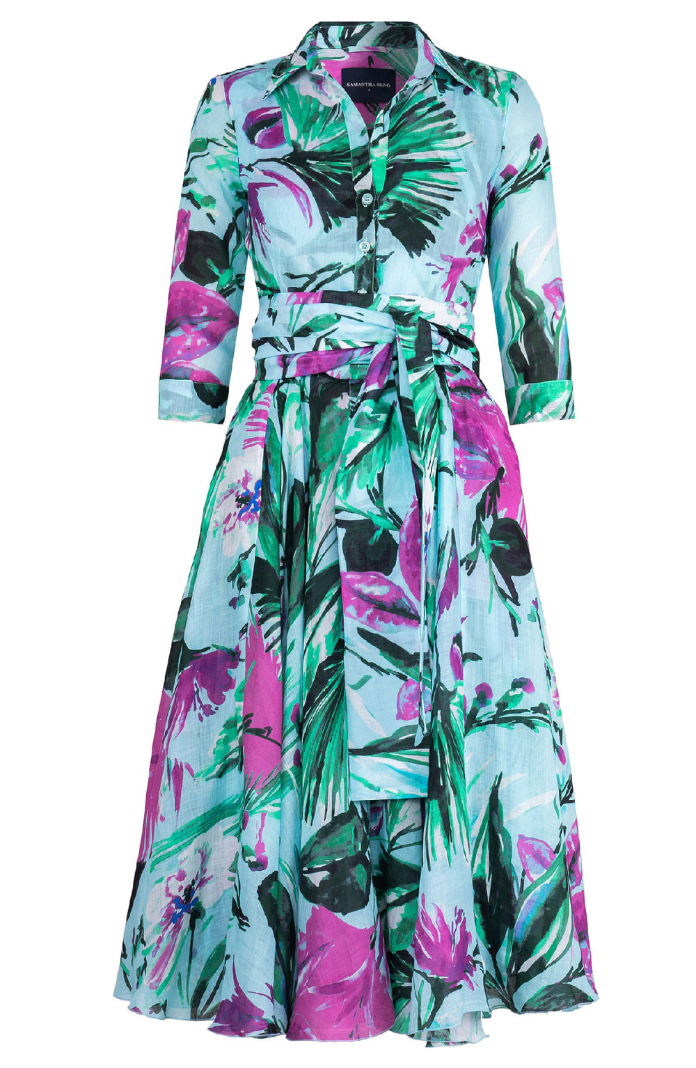 Aster Dress Shirt Collar 3/4 Sleeve Midi Length Cotton Musola (Mozambique Flower Pastel)