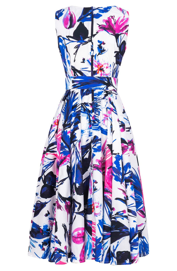 Abelia Dress U Neck Sleeveless Midi Length Cotton Stretch (Mozambique Flower White)