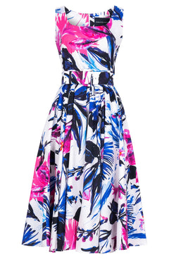 Abelia Dress U Neck Sleeveless Midi Length Cotton Stretch (Mozambique Flower White)
