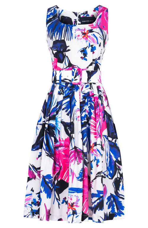 Florance Dress U Neck Sleeveless Long Length Cotton Stretch (Mozambique Flower White)