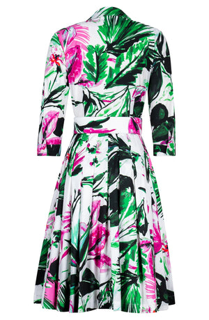 Audrey Dress #2 Shirt Collar 3/4 Sleeve Regular Length Cotton Stretch (Mozambique Flower White)