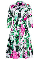 Audrey Dress #2 Shirt Collar 3/4 Sleeve Regular Length Cotton Stretch (Mozambique Flower White)