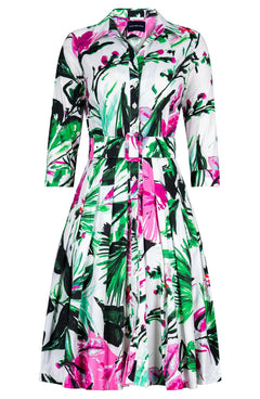 Audrey Dress #2 Shirt Collar 3/4 Sleeve Regular Length Cotton Stretch (Mozambique Flower White)
