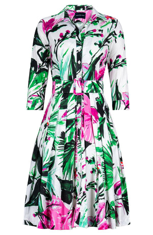 Audrey Dress #2 Shirt Collar 3/4 Sleeve Regular Length Cotton Stretch (Mozambique Flower White)