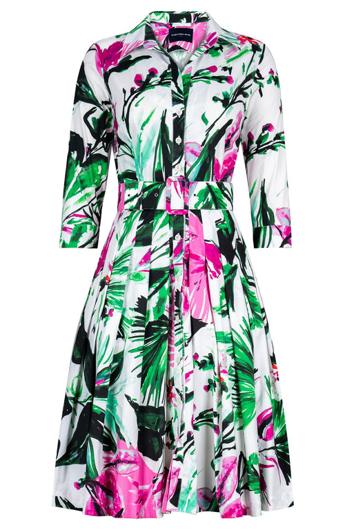 Audrey Dress #2 Shirt Collar 3/4 Sleeve Regular Length Cotton Stretch (Mozambique Flower White)