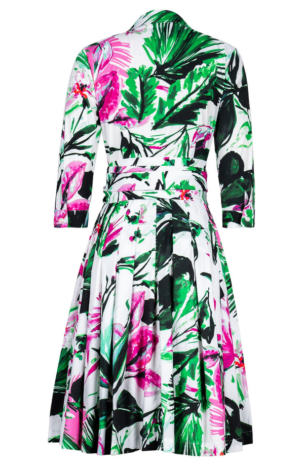 Audrey Dress #2 Shirt Collar 3/4 Sleeve Regular Length Cotton Stretch (Mozambique Flower White)