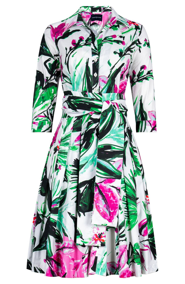Audrey Dress #2 Shirt Collar 3/4 Sleeve Regular Length Cotton Stretch (Mozambique Flower White)