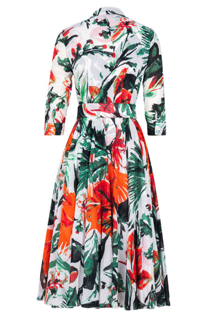 Aster Dress Shirt Collar 3/4 Sleeve Midi Length Cotton Musola (Mozambique Flower White)