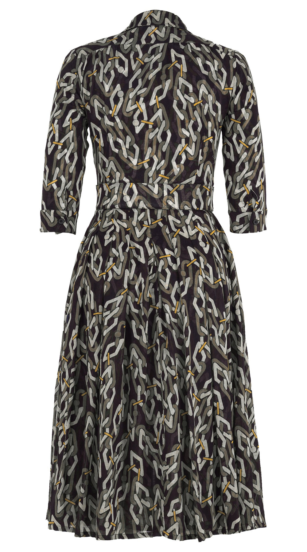 Audrey Dress #4 Shirt Collar 3/4 Sleeve Midi Length Wool (Multi Chain Dark) - Olive Green