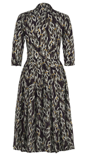 Audrey Dress #4 Shirt Collar 3/4 Sleeve Midi Length Wool Musola (Multi Chain Dark) - Olive Green