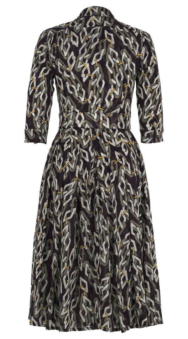 Audrey Dress #4 Shirt Collar 3/4 Sleeve Midi Length Wool Musola (Multi Chain Dark) - Olive Green