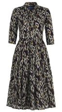 Audrey Dress #4 Shirt Collar 3/4 Sleeve Midi Length Wool Musola (Multi Chain Dark) - Olive Green
