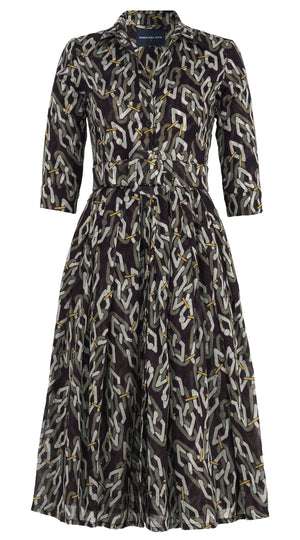 Audrey Dress #4 Shirt Collar 3/4 Sleeve Midi Length Wool Musola (Multi Chain Dark) - Olive Green