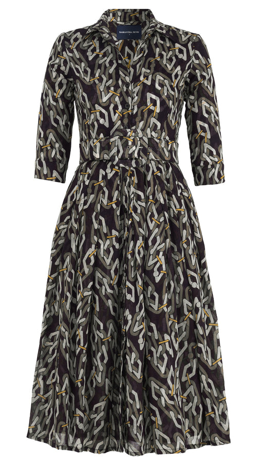 Audrey Dress #4 Shirt Collar 3/4 Sleeve Midi Length Wool Musola (Multi Chain Dark) - Olive Green