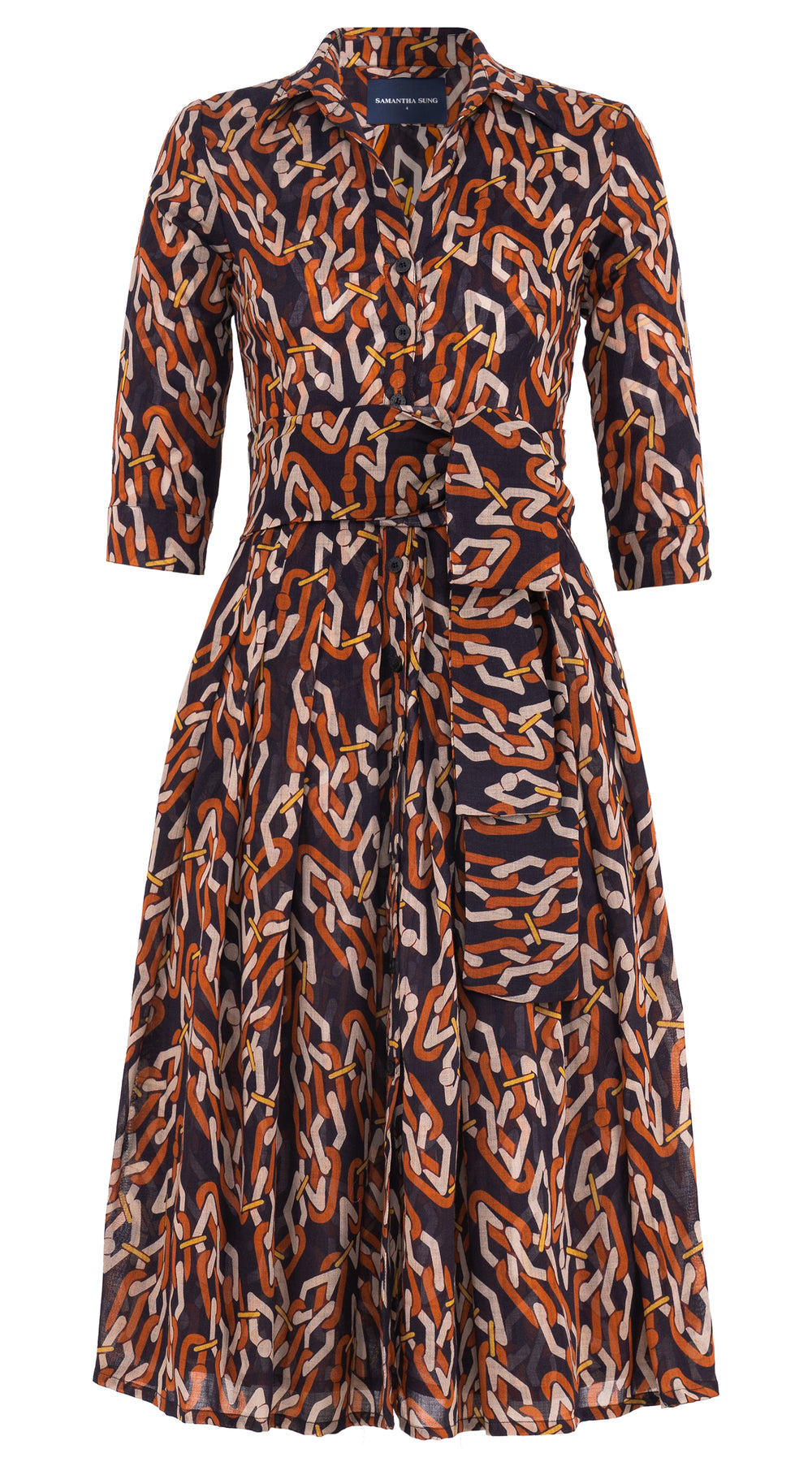 Audrey Dress #4 Shirt Collar 3/4 Sleeve Midi Length Wool (Multi Chain Dark) - Sepia Orange