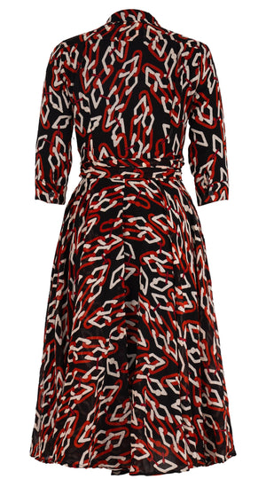 Olivia Dress Shirt Collar 3/4 Sleeve Midi Length Wool Musola (Multi Chain Dark) - Sepia Orange