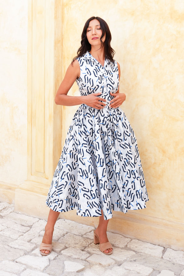 Terry Dress Shirt Collar Sleeveless Midi Length Poliamide Taffta (Multi Chain BIg Pastel)