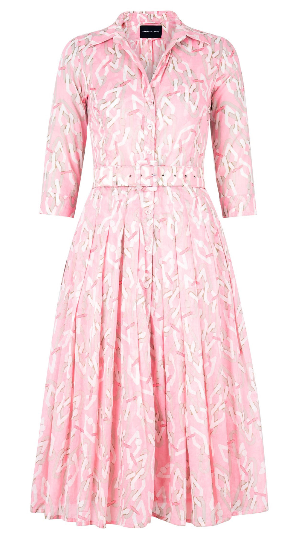 Audrey Dress #4 Shirt Collar 3/4 Sleeve Midi Length Cotton Musola (Multi Chain BIg Pastel)