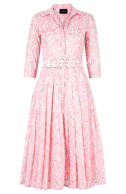 Audrey Dress #4 Shirt Collar 3/4 Sleeve Midi Length Cotton Musola (Multi Chain Pastel)