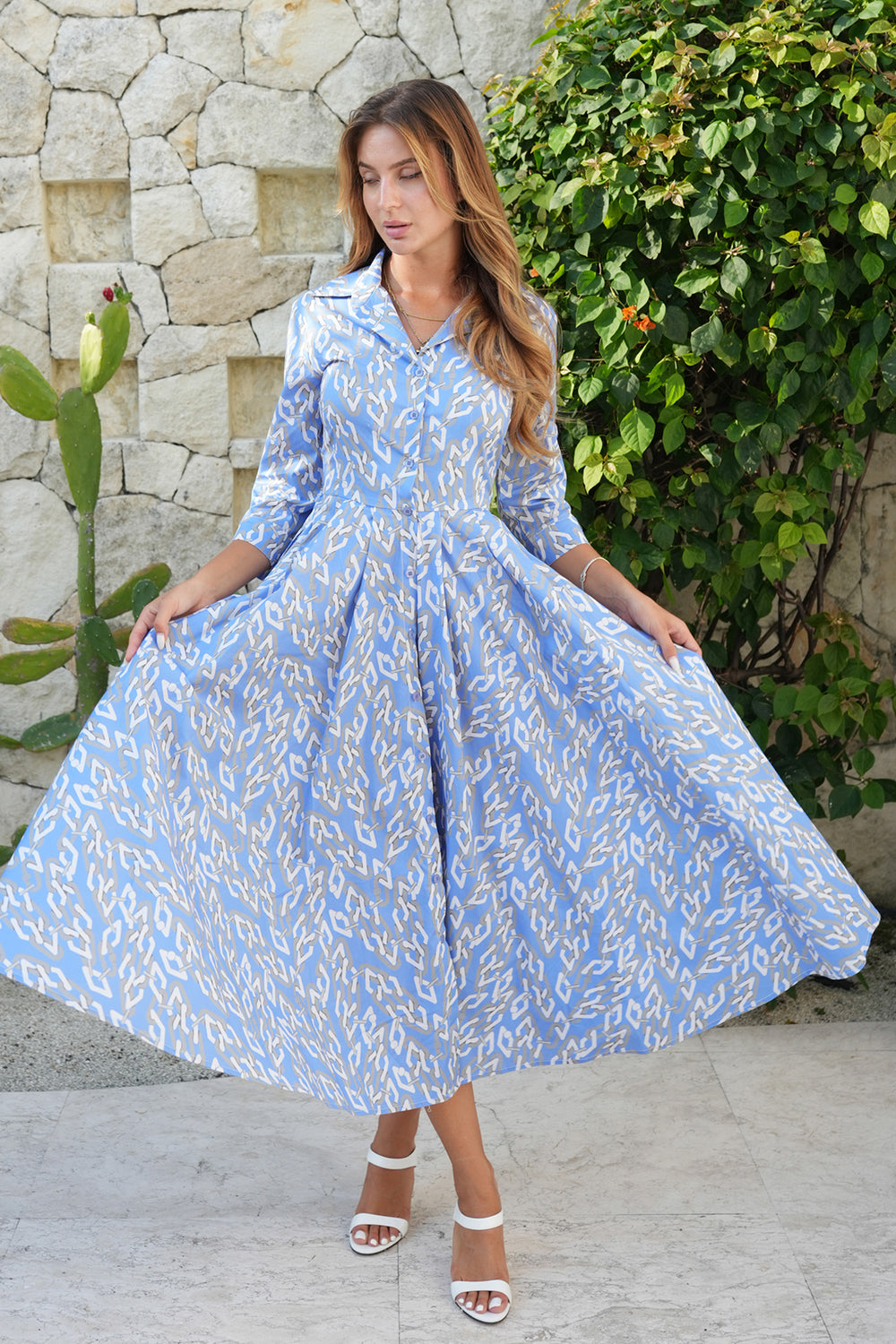 Laurent Dress Shirt Collar 3/4 Sleeve Midi Length Cotton Stretch (Multi Chain BIg Pastel)