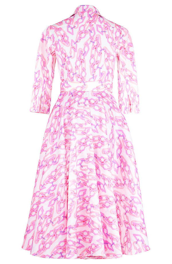 Amber Dress Shirt Collar 3/4 Sleeve Midi Length Poliamide Taffta (Multi Chain White)