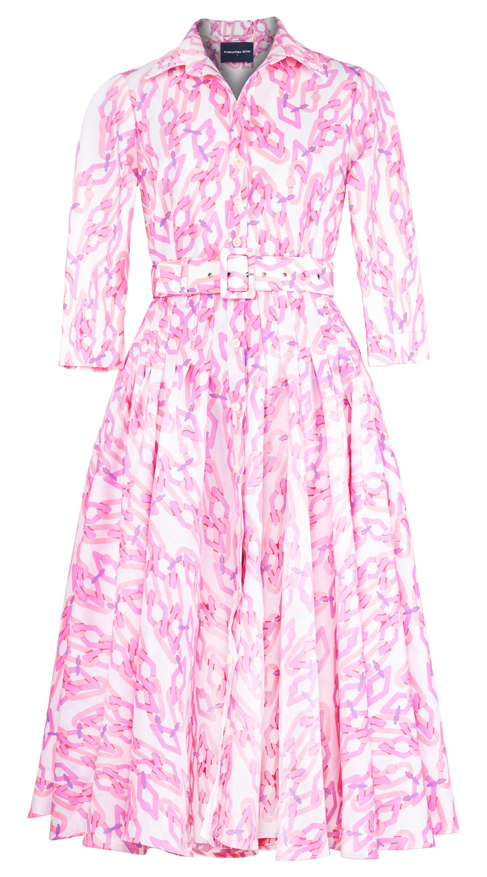 Amber Dress Shirt Collar 3/4 Sleeve Midi Length Silk Taffta (Multi Chain Small White)