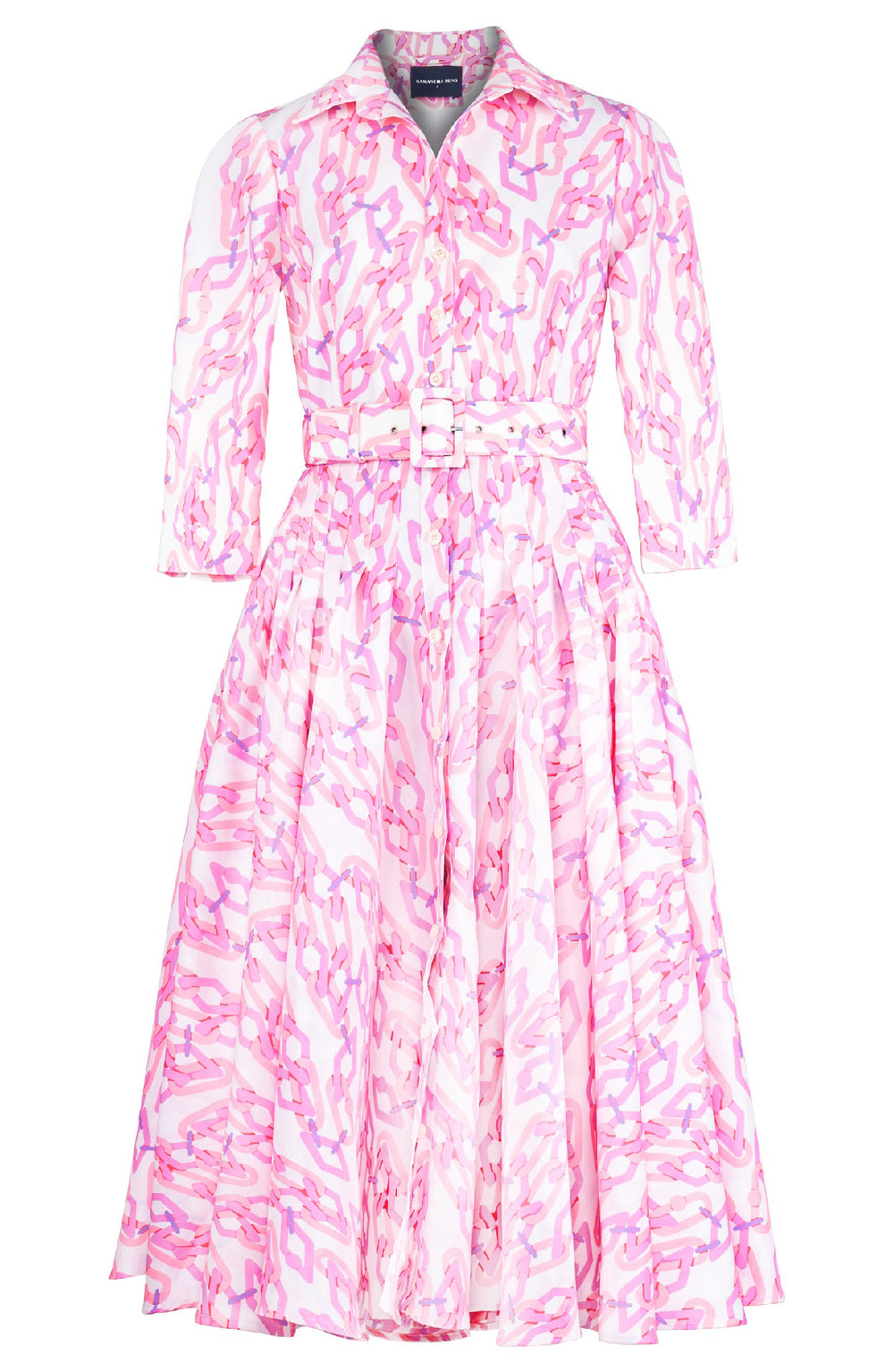 Amber Dress Shirt Collar 3/4 Sleeve Midi Length Poliamide Taffta (Multi Chain White)