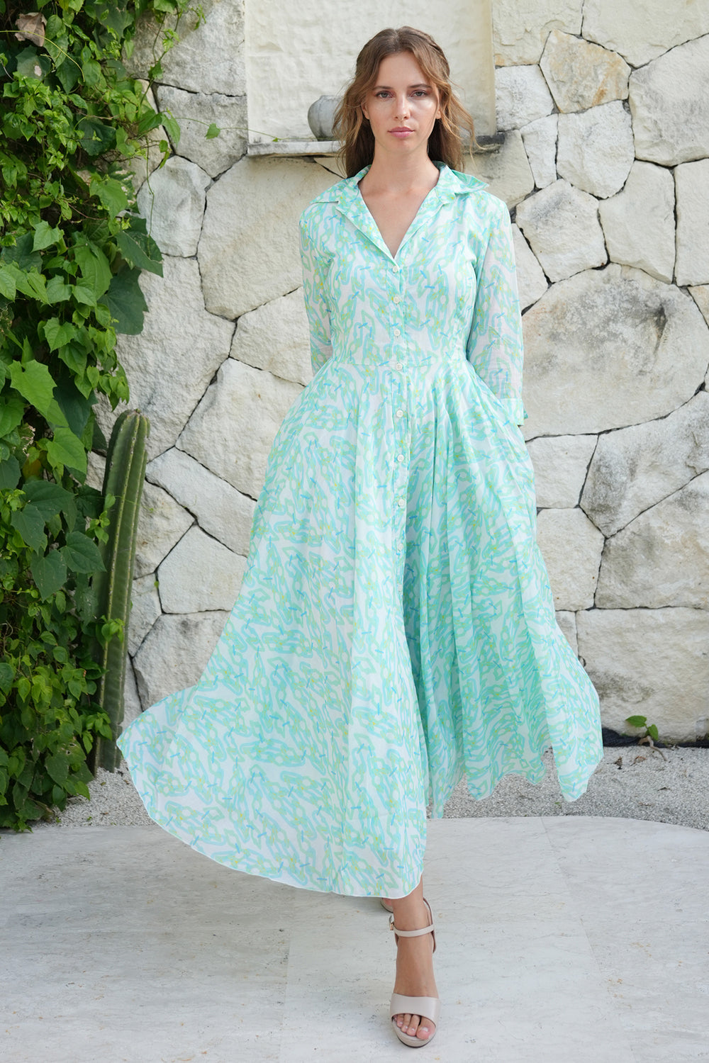 Aster Dress Shirt Collar 3/4 Sleeve Midi Plus Length Cotton Musola (Multi Chain Small White)