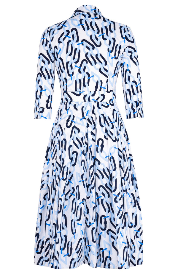 Audrey Dress #2 Shirt Collar 3/4 Sleeve Midi Length Cotton Stretch (Multi Chain White)
