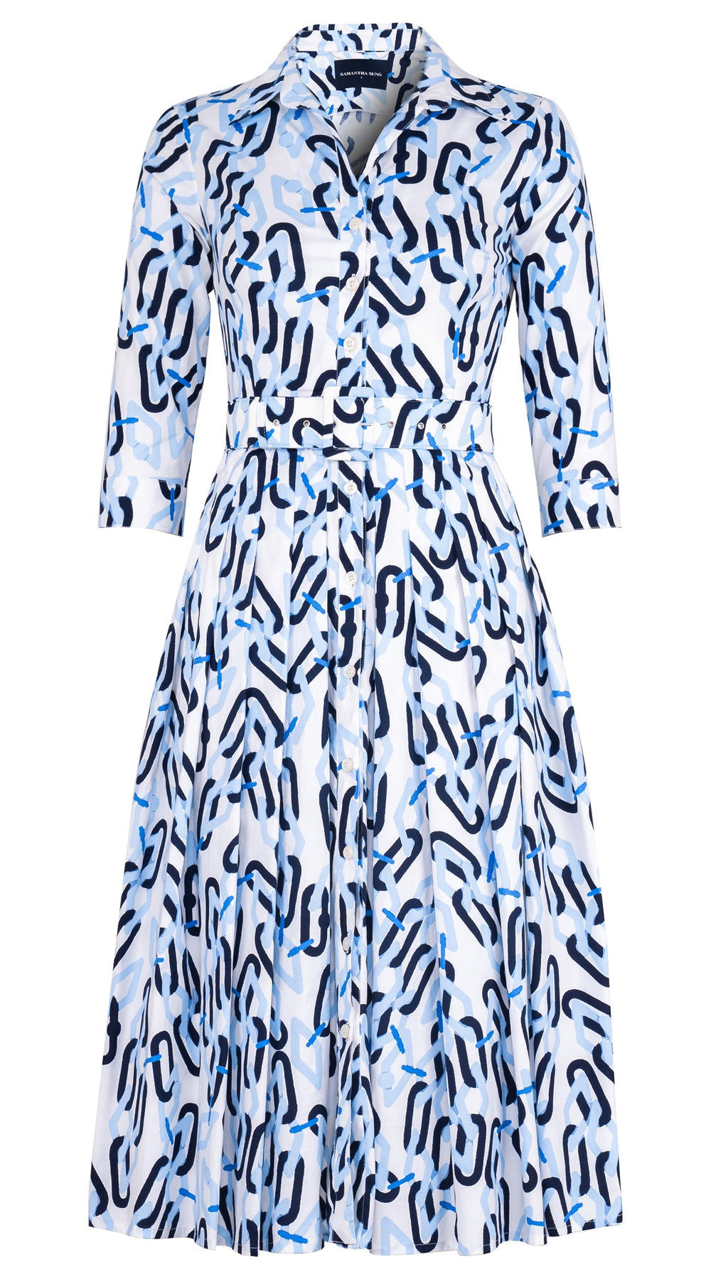 Audrey Dress #2 Shirt Collar 3/4 Sleeve Midi Length Cotton Stretch (Multi Chain BIg White)