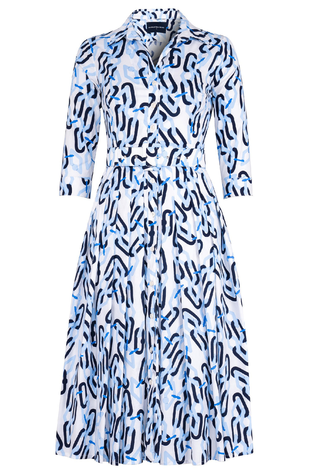 Audrey Dress #2 Shirt Collar 3/4 Sleeve Midi Length Cotton Stretch (Multi Chain White)