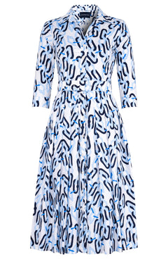 Audrey Dress #2 Shirt Collar 3/4 Sleeve Midi Length Cotton Stretch (Multi Chain White)