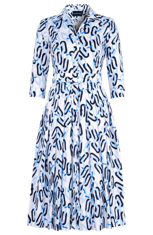 Audrey Dress #2 Shirt Collar 3/4 Sleeve Midi Length Cotton Stretch (Multi Chain White)