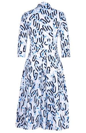 Audrey Dress #2 Shirt Collar 3/4 Sleeve Midi Length Cotton Stretch (Multi Chain White)