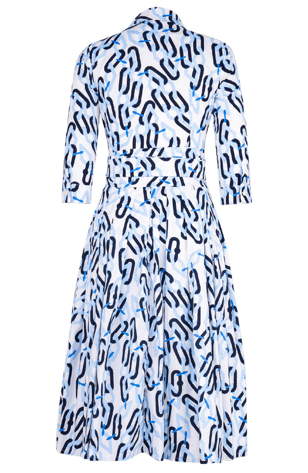 Audrey Dress #2 Shirt Collar 3/4 Sleeve Midi Length Cotton Stretch (Multi Chain White)