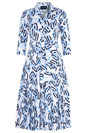 Audrey Dress #2 Shirt Collar 3/4 Sleeve Midi Length Cotton Stretch (Multi Chain White)