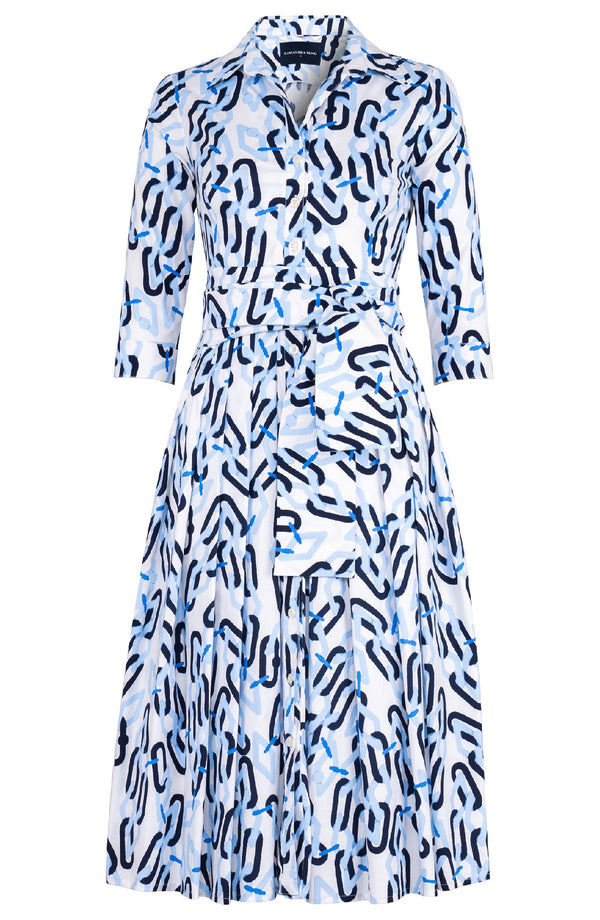 Audrey Dress #2 Shirt Collar 3/4 Sleeve Midi Length Cotton Stretch (Multi Chain White)