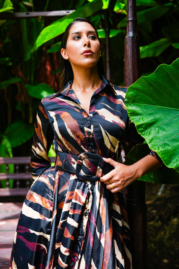 Aster Dress Shirt Collar 3/4 Sleeve Midi Plus Length Nylon (Multi Zebra Dark)