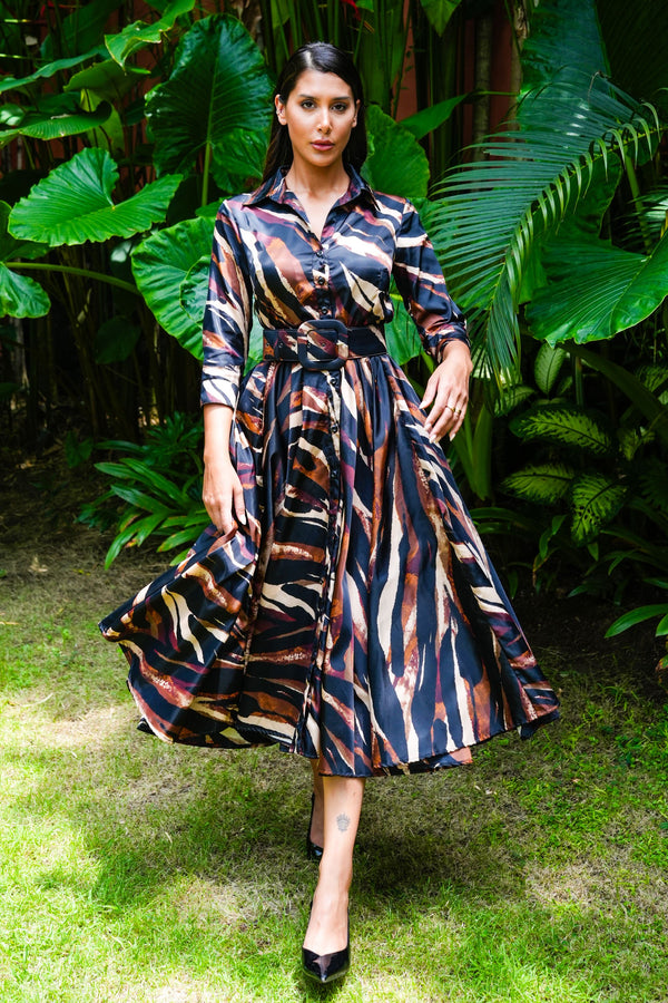 Aster Dress Shirt Collar 3/4 Sleeve Midi Plus Length Nylon (Multi Zebra Dark)