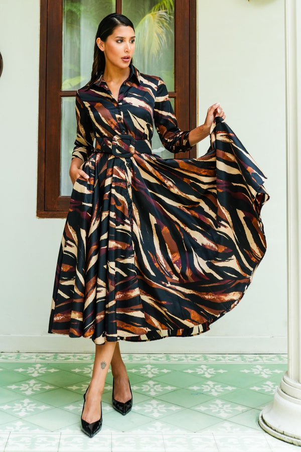 Aster Dress Shirt Collar 3/4 Sleeve Midi Plus Length Nylon (Multi Zebra Dark)