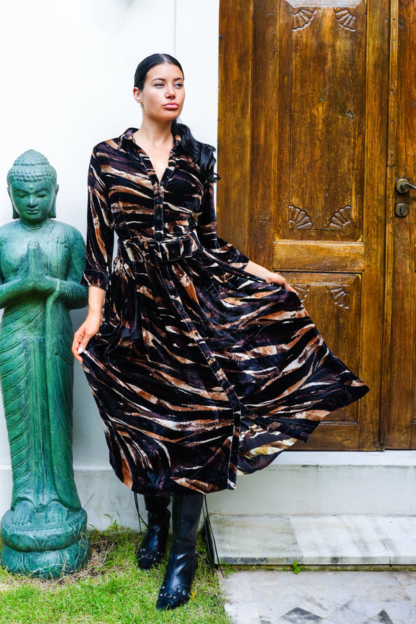 Audrey Dress #3 Shirt Collar 3/4 Sleeve Midi Plus Length Silk Velvet (Multi Zebra Dark)
